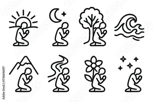 Nature's Sacred Symbols. Nature prayers outline set. sunrise prayer, moonlit prayer, tree of life prayer, ocean wave prayer, mountain peak prayer, flowing river prayer, blooming