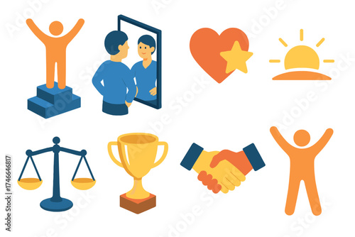 Confidence Icon Set. Personal confidence isometric set. person on podium, mirror reflection, heart with star, sun rising, balanced scale, trophy, handshake, happy silhouette.