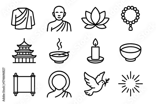 Buddhist Iconography. Buddhist robe outline set. folded robe, monk figure, lotus, prayer beads, temple, incense, candle, bowl, scroll, halo, dove, rays of light.