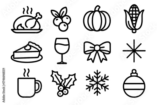 Holiday Feast Icons. Festive meal outline set. turkey, cranberry, pumpkin, corn, pie, wine glass, ribbon, starburst, mug, holly, snowflake, ornament.