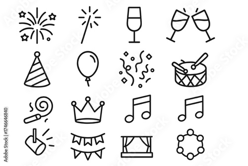 Celebration Icon Collection. Celebration symbols outline set. fireworks, sparkler, champagne glass, clinking glasses, party hat, balloon, confetti, streamer, festive horn, crown