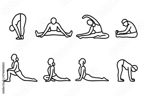 Yoga Poses Icons. Stretching poses outline set. forward fold, wide-legged stretch, side bend, seated forward bend, lunge pose, pigeon pose, cobra pose, cat-cow pose.