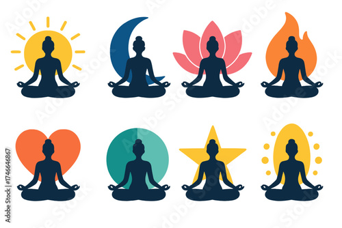 Symbolic Yoga Icons. Symbolic yoga flat icon set. yoga with sun, yoga with moon, yoga with lotus, yoga with flame, yoga with heart, yoga with harmony circle, yoga with star, yoga