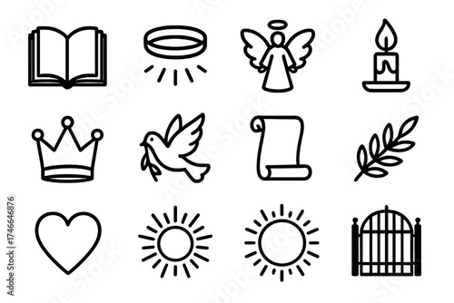 Spiritual Icons Collection. Spiritual lantern outline set. open book, halo, angel, candle flame, rays of light, crown, dove, scroll, olive branch, heart, sunburst, gate.