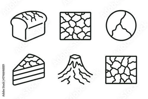 Black Line Crust Icons. Crust outline set. bread crust, cracked desert ground, thin earth shell, layered cake slice, volcanic crust, dry soil.