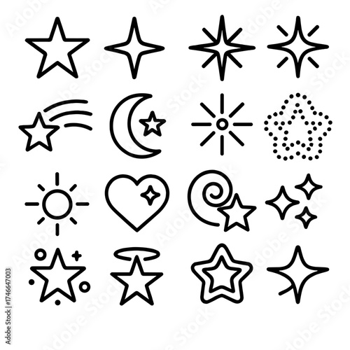 Diverse Star Icons. Star outline icons. five-point star, four-point star, eight-point star, radiant star, shooting star, crescent with star, starburst, dotted star, glowing orb
