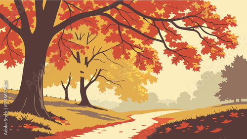 Autumnal Stream and Trees Fall Foliage Landscape Illustration Nature Scene.