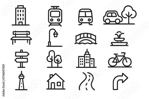 Urban Icon Montage. Urban Tilt-Shift outline set. skyscraper, train, bus, car, park bench, lamp post, bridge, tree, street sign, fountain, city skyline, bicycle, tower, house, road