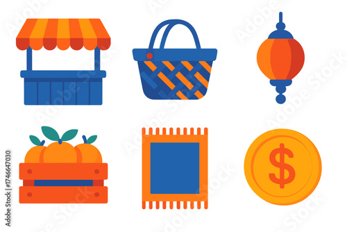 Colorful Market Icons. Market alleyway flat icon set. stall, basket, hanging lantern, fruit crate, rug, coin.