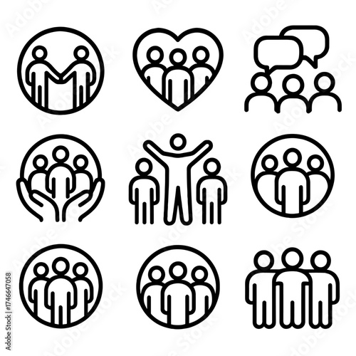 Supportive Circle Icons. Helping circle outline set. people holding hands, group of figures, heart with group, shared dialogue, support icon, collective arms, supportive bond