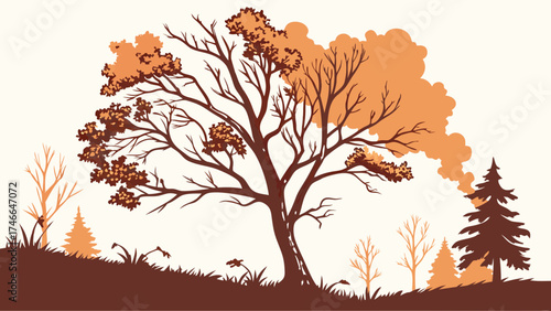 Autumnal Tree Silhouette Landscape Fall Foliage Illustration Nature Scene Brown and Orange Tones Graphic Design Element.