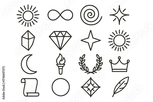 Symbolic Icons Collection. Symbolic Encyclopedia outline set. radiant aura, infinity loop, spiral, glowing spark, prism, diamond, star, sun, moon, torch flame, laurel wreath, crown