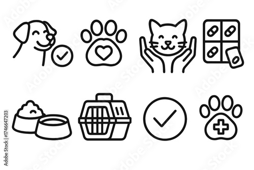 Pet Wellness Icons. Pet wellness outline set. healthy pet icon, paw with heart, vet hands holding pet, pill case, food and water bowl, pet crate, check mark, healing paw.