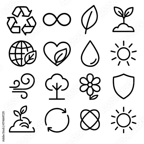 Eco Icons Collection. Eco symbols outline set. recycling arrows, infinity loop, leaf, sprouting seed, globe with leaf, eco heart, water droplet, radiant sun, wind swirl, tree