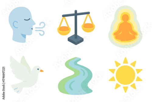 Mental Balance Symbols. Mental balance isometric set. mindful breath, even scales, expanding aura, peaceful dove, winding river, bright sun