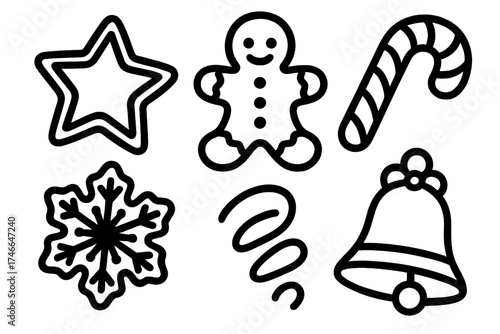 Festive Cookie Shapes. Holiday cookie outline set. star cookie, gingerbread man, candy cane, snowflake cookie, icing swirl, festive bell