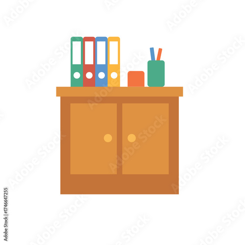 Wooden cabinet with office supplies