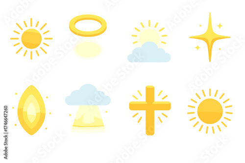 Sacred Light Icons. Sacred light isometric set. sunburst, radiant halo, glowing sky, shining star, divine aura, beam through clouds, luminous cross, circle of rays.