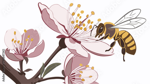 Bee pollinating pink flowers nature illustration spring blossom floral design honeybee on bloom insect on petals stylized botanical art graphic design element.