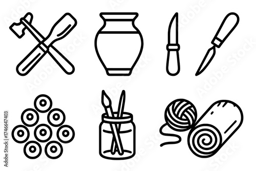 Artisan Crafting Tools. Artisan table outline set. wooden tools, clay pot, carving knife, hammer and chisel, beads cluster, paintbrush in jar, textile roll, yarn ball.