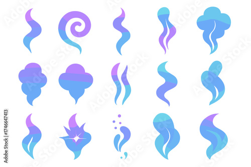 Vibrant Smoke Patterns. Smoke patterns flat icon set. rising swirl, spiral smoke, wavy smoke, thin line smoke, thick smoke, cloud puff, twin smoke trails, drifting smoke, curling