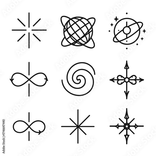 Neon Cosmic Axis. Creative axis outline set. glowing axis lines, neon globe tilt, fractal pivot, cosmic rotation, starry orbit, infinity loop axis, abstract swirl, ornate compass