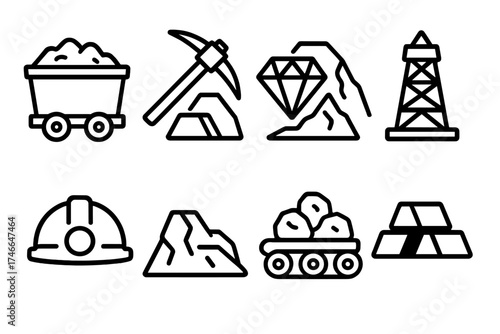 Mining Icons Pack. Resource Data Mining outline set. mining cart, pickaxe, gemstone, gold bar, mountain, drilling rig, hard hat, conveyor belt.