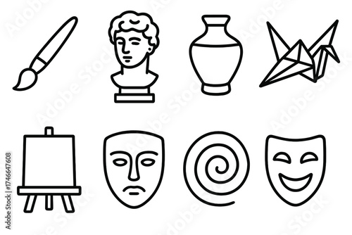 Artistic Icons Row. Artistic Form outline set. paintbrush, sculpture bust, clay pot, origami crane, canvas, mask, abstract swirl, theater mask.