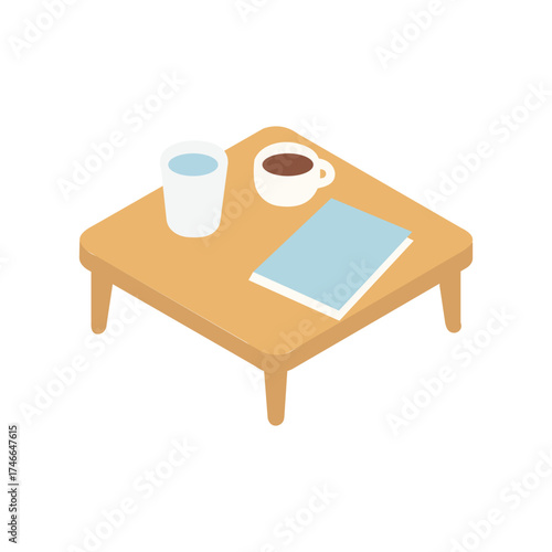 Cozy wooden table with potted plant coffee and book
