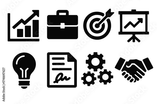 Brutalist Business Icons. Business Strategy silhouette set. bar chart, briefcase, target arrow, presentation board, lightbulb idea, contract, gear network, handshake.