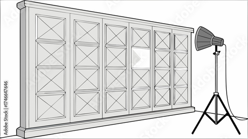 Cabinet with decorative panels and studio lighting.
