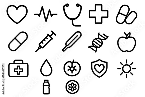 Health Icon Collection. Health outline icons. heart, heartbeat line, stethoscope, medical cross, pill capsule, syringe, thermometer, bandage, first aid kit, drop of blood, DNA