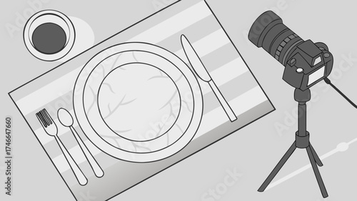 Camera Photographing Table Setting Food Photography Setup DSLR on Tripod Overhead View Flatlay Illustration.