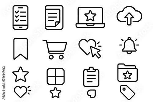 Digital Icon Collection. Digital list outline set. phone with checklist, tablet with note, laptop with star, cloud storage icon, bookmark tab, online cart, cursor on heart, glowing