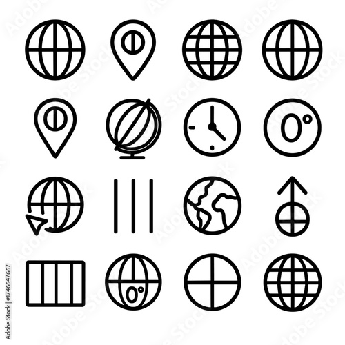 Longitude Grid Icons. Longitude outline icons. globe with vertical lines, longitude coordinate marker, world grid, globe with prime meridian, longitude map pin, vertical axis globe