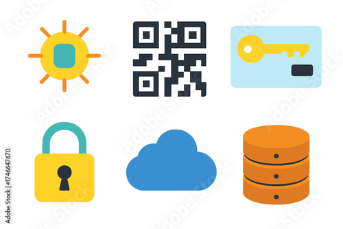 Modern Authentication Icons. Authentication token flat icon set. token chip, QR code, keycard, padlock, cloud, database stack.