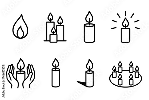 Candlelit Vigil Icons. Silent vigil outline set. candle flame, group of lit candles, glowing aura, candle with rays, memorial candle, hands around flame, candle with shadow, circle