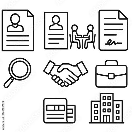 Hiring Process Icons. Hiring Process outline set. resume sheet, job application form, interview table, contract document, magnifying glass, handshake, briefcase, office building.