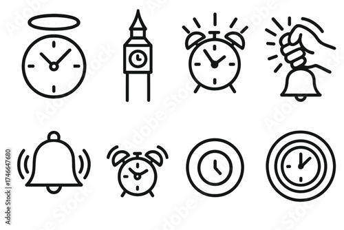 Iconic Clock Silhouettes. Striking time outline set. clock with halo, tower silhouette, alarm with rays, bold hand strike, ringing waves, glowing chime, bell clock, echo circle.