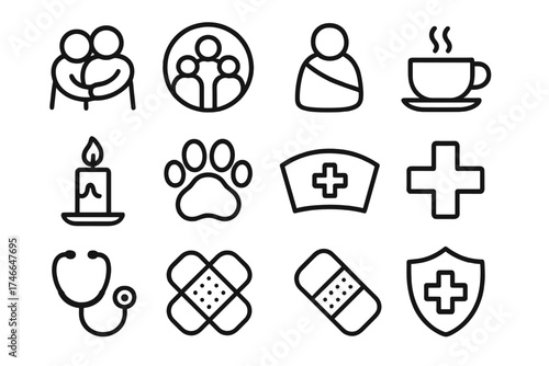 Caring Icon Set. Caring gesture outline set. hug symbol, family group, circle of people, blanket, tea cup, candle, paw print, nurse cap, cross symbol, stethoscope, bandage, shield.