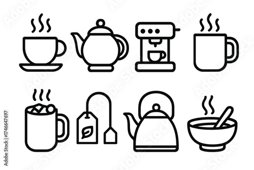 Hot Beverage Icons. Hot Beverages outline set. coffee cup, teapot, mug with steam, espresso machine, hot chocolate, herbal tea bag, kettle, matcha bowl.