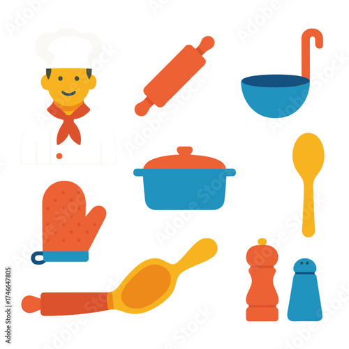 Culinary Tools Icons. Chef flat icon set. rolling pin, mixing bowl, ladle, oven mitt, casserole dish, wooden spoon, pepper mill, salt shaker.