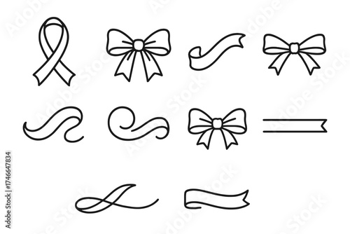 Decorative Ribbon Icons. Decorative ribbon outline set. ribbon loop, elegant bow, curled end ribbon, tied gift ribbon, flowing strand, ornamental loop, festive knot, flat wrap.