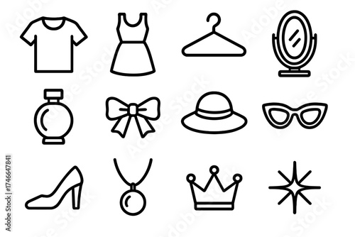 Fashion Icon Array. Fashion shopping bag outline set. shirt, dress, shoes, hanger, mirror, perfume bottle, ribbon, hat, glasses, jewelry, crown, starburst.