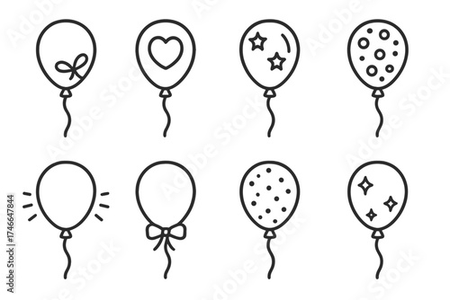 Festive Balloon Icons. Festive balloons outline set. birthday balloon, anniversary balloon, holiday balloon, confetti balloon, glowing balloon, ribbon-tied balloon, glitter balloon