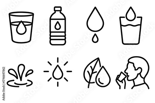 Hydration Icon Set. Drink water outline set. cup with drop, refill bottle, dripping droplet, hydration glass, splash symbol, droplet with rays, eco water, refreshing sip.