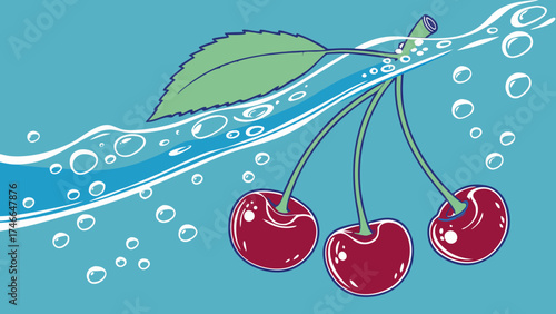 Cherries in water fresh fruit summer illustration vibrant colors healthy food juicy cherries blue background bubbles design element vector illustration food illustration summer design.