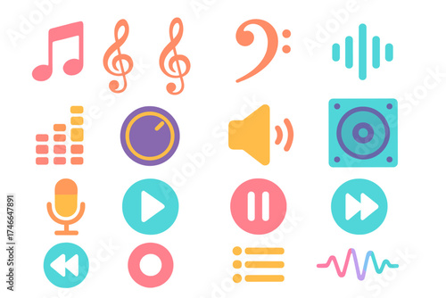 Vibrant Audio Icon Set. Audio symbols flat icon set. music note, treble clef, bass clef, sound waves, equalizer bars, volume knob, speaker, subwoofer, microphone, play button