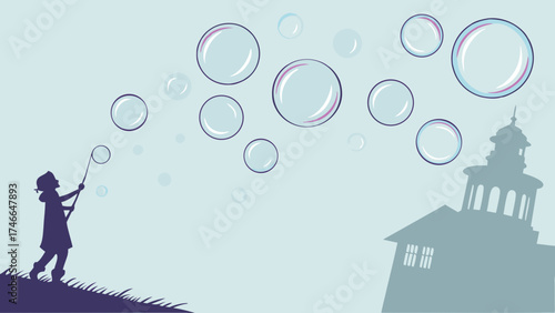 Child blowing soap bubbles playful illustration whimsical design pastel colors vector art childrens book card design cute happy fun childhood imagination dream fantasy fairytale li.