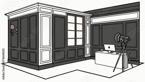 Classic Studio Interior Illustration with Desk and Equipment.